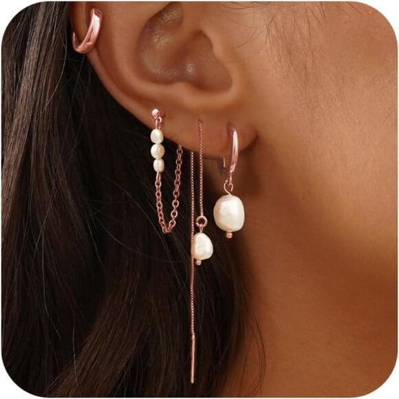 Dainty 14K Gold Plated 4 pearl chain set-RG Hoops Trendy Earring Set for Women - Picture 1 of 7